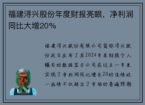 福建浔兴股份年度财报亮眼，净利润同比大增20%