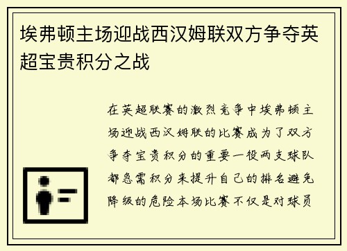 埃弗顿主场迎战西汉姆联双方争夺英超宝贵积分之战